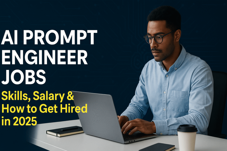 A young African American man works on a laptop at a modern desk with circuit-style graphics in the background. Bold text highlights "AI Prompt Engineer Jobs: Skills, Salary & How to Get Hired in 2025