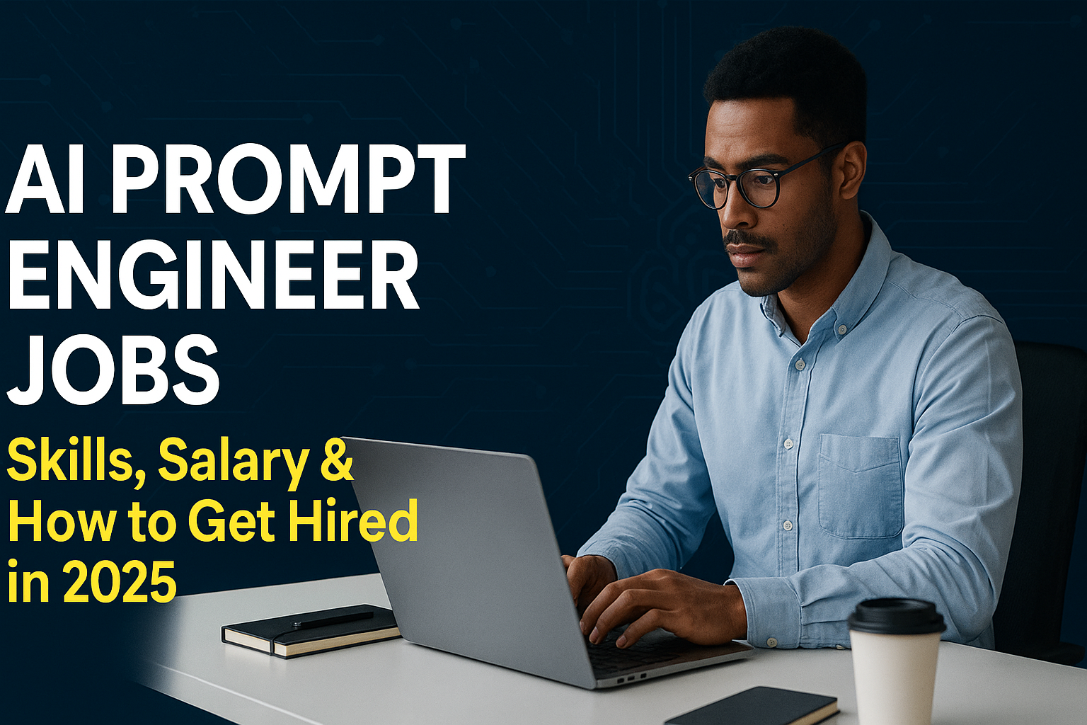 A young African American man works on a laptop at a modern desk with circuit-style graphics in the background. Bold text highlights "AI Prompt Engineer Jobs: Skills, Salary & How to Get Hired in 2025
