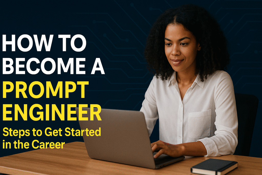 A young African American woman types on her laptop at a wooden desk, with white and yellow text reading "HOW TO BECOME A PROMPT ENGINEER" on a digital background.