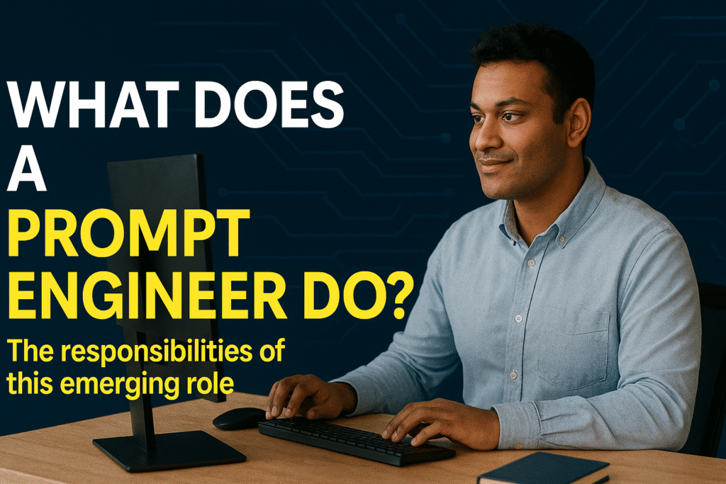 A South Asian man focuses on his desktop computer, with bold white and yellow text on the left reading "WHAT DOES A PROMPT ENGINEER DO?" over a circuit-themed backdrop.